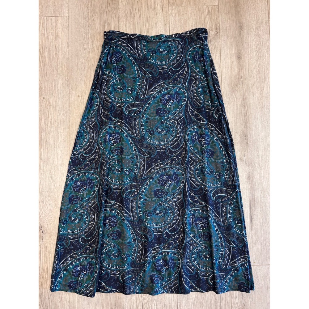 Vintage 90s Rayon Paisley Maxi Skirt Navy Teal Green Floral Herringbone Size 12